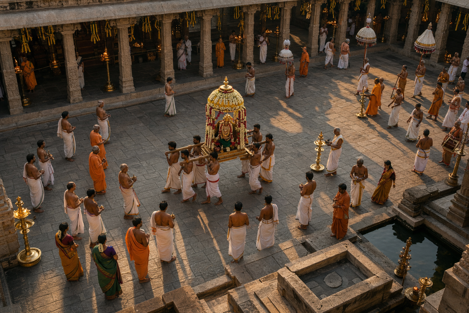 Priests, musicians, and devotees carry a canopied festival murti clockwise around a stone temple courtyard.