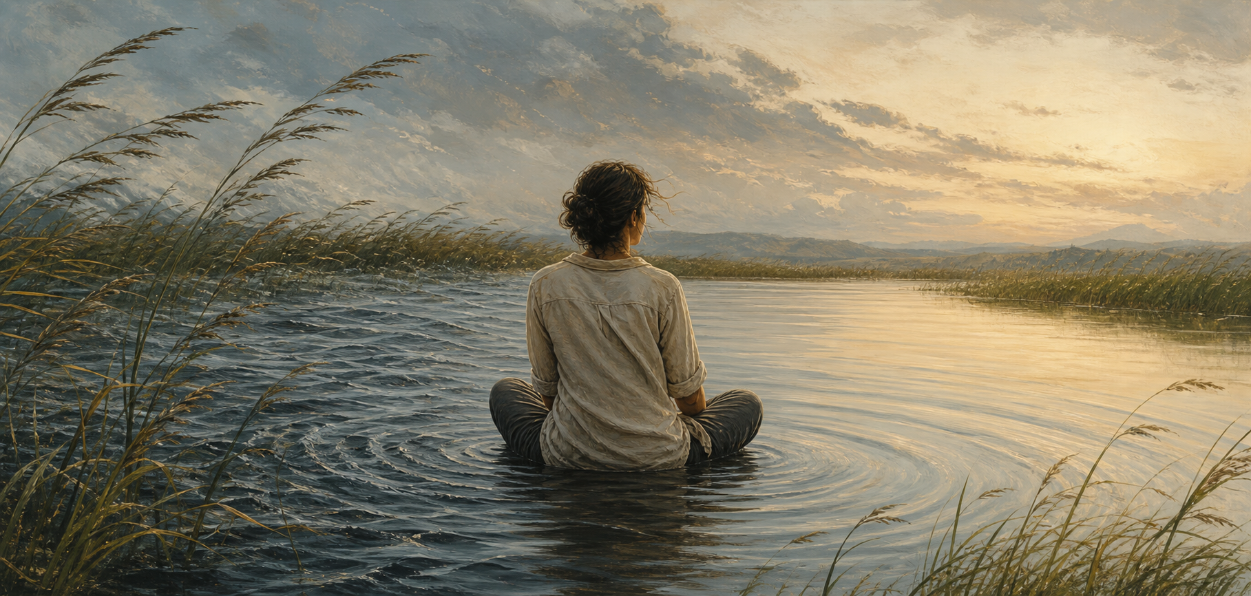 A seated person remains steady beside a pond as windblown grasses and choppy water gradually settle into gentler ripples.
