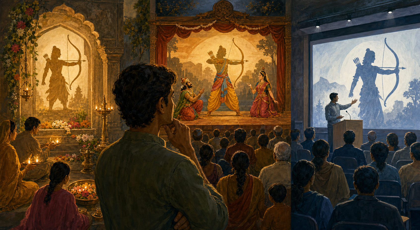 A viewer compares a shrine offering, a traditional stage performance, and a civic gathering that each use the same bow-bearing avatar motif.