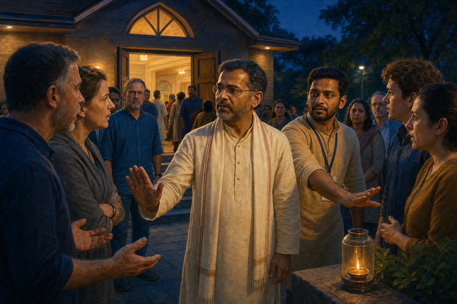 A calm organizer and volunteer de-escalate a tense disagreement outside a community hall while a diya glows inside a protective glass lantern.