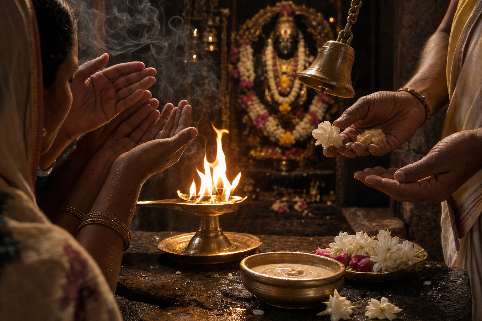 Devotees cup their hands over an arati flame as a priest offers a flower and prasada beside incense, jasmine, and a brass bell.