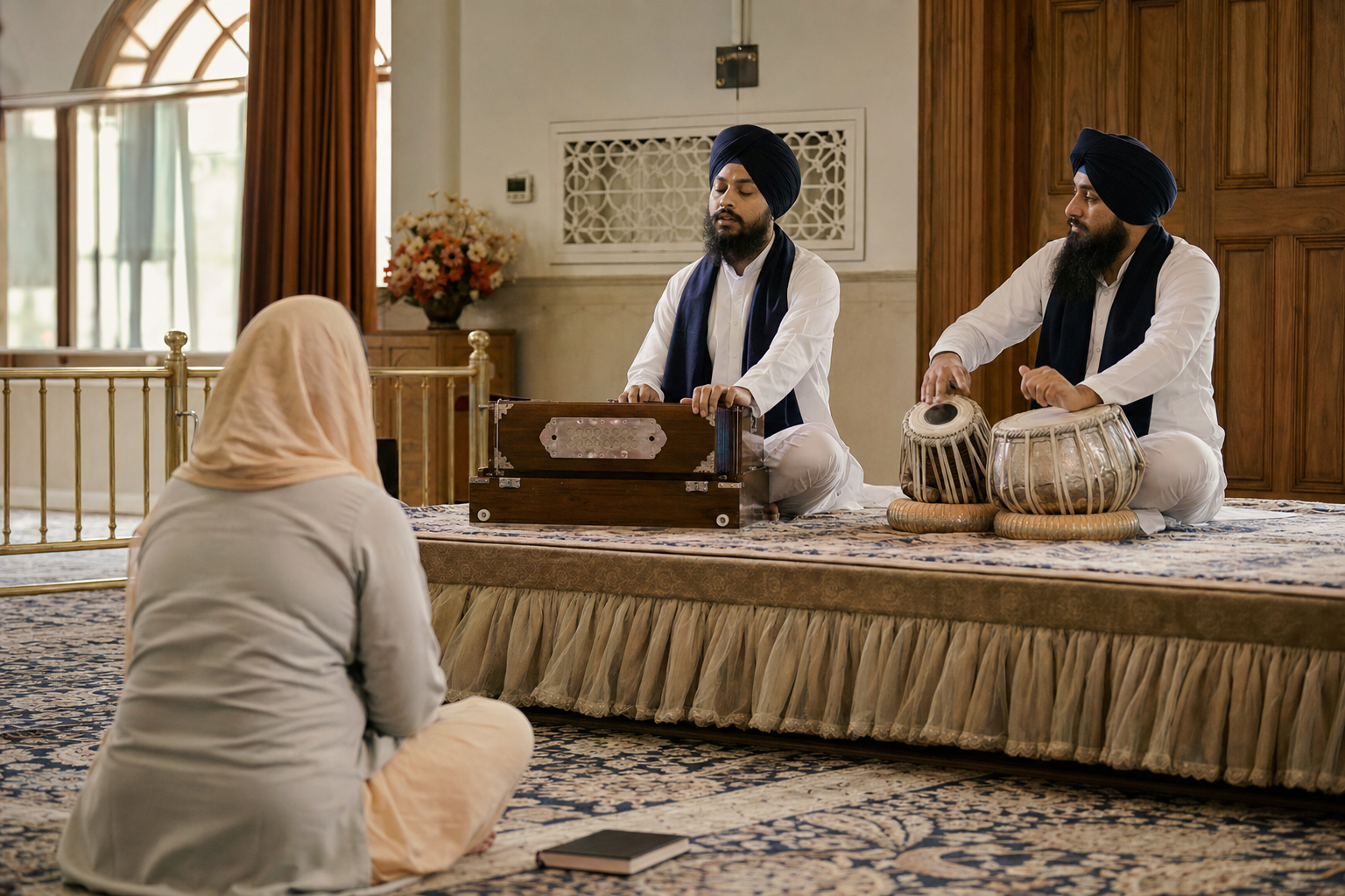 Two Sikh musicians perform kirtan with harmonium and tabla while a seated worshipper listens attentively in the foreground.