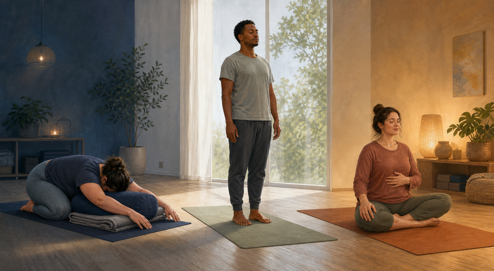 Three adults in one yoga studio use a supported resting pose, a gentle standing pose, and seated breath awareness.