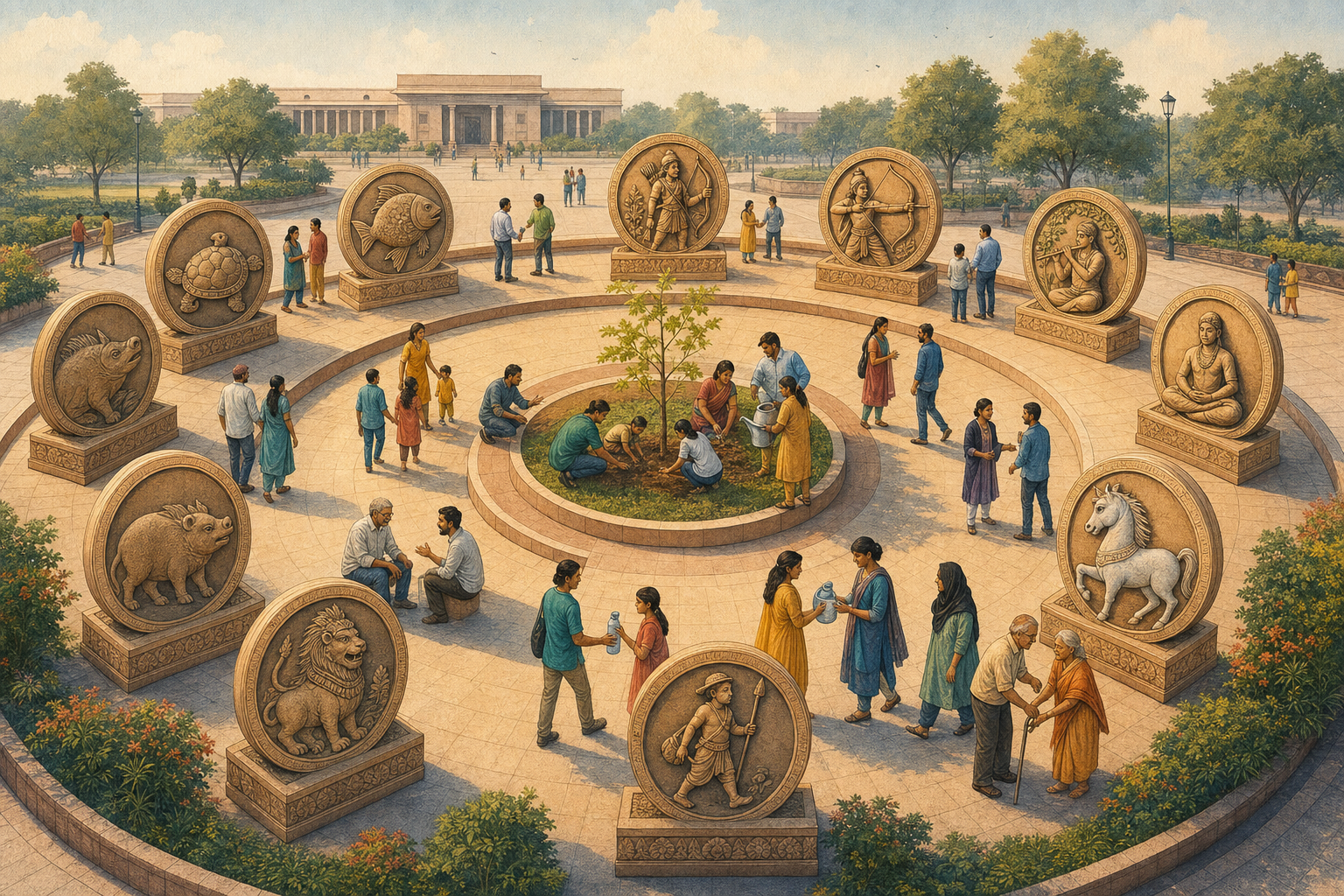 People discuss and perform acts of care around a circular public walkway marked by ten symbolic avatar emblems.