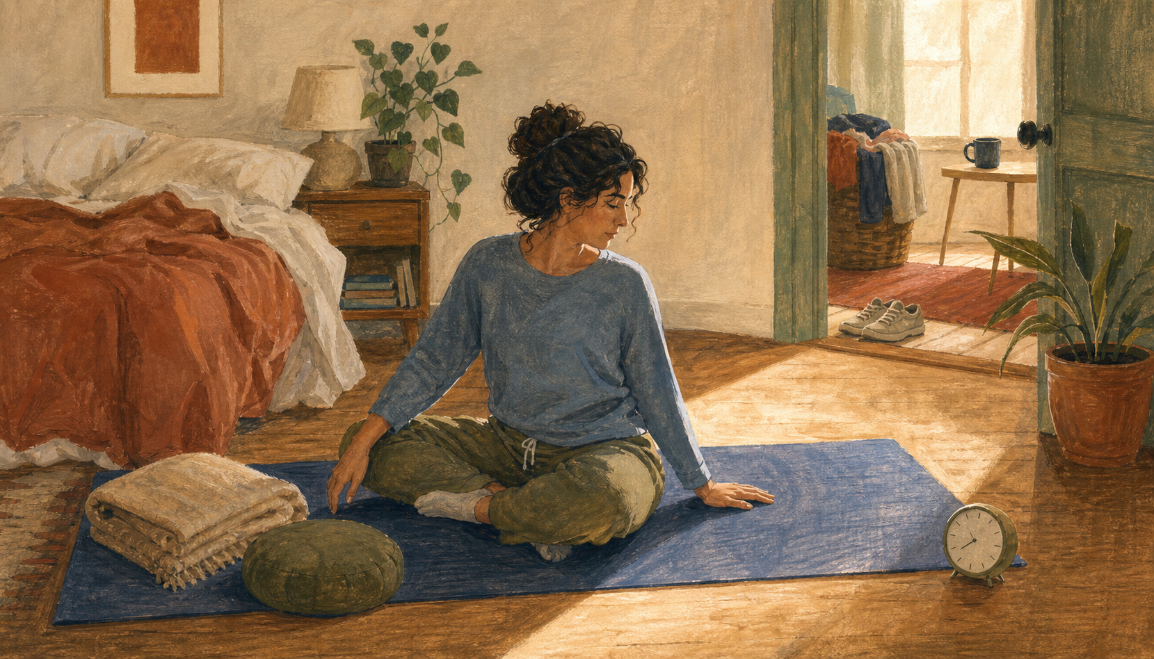 An adult does a simple seated stretch on a mat in a bedroom surrounded by ordinary morning items.