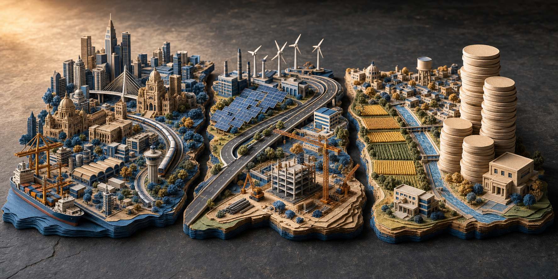 Three connected miniature landscapes show a large metropolitan economy, infrastructure construction, and farmland constrained by stacked repayment tokens.