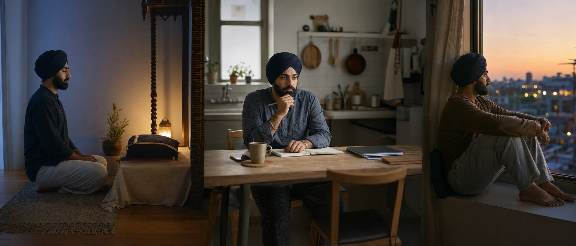 A three-part panoramic scene shows the same Sikh person praying at dawn, pausing attentively during the day, and reflecting by a window at dusk.
