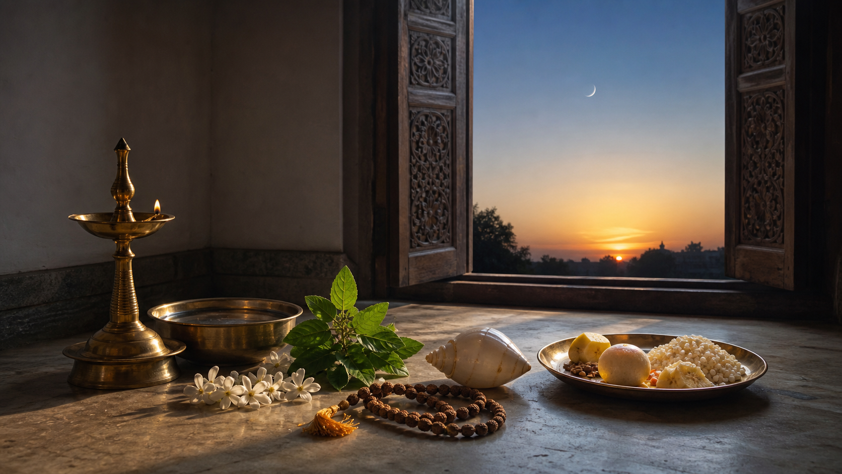 Brass lamp, tulsi leaves, conch shell, prayer beads, flowers, and a fasting meal beside a window at dawn with a thin waning moon above the horizon.
