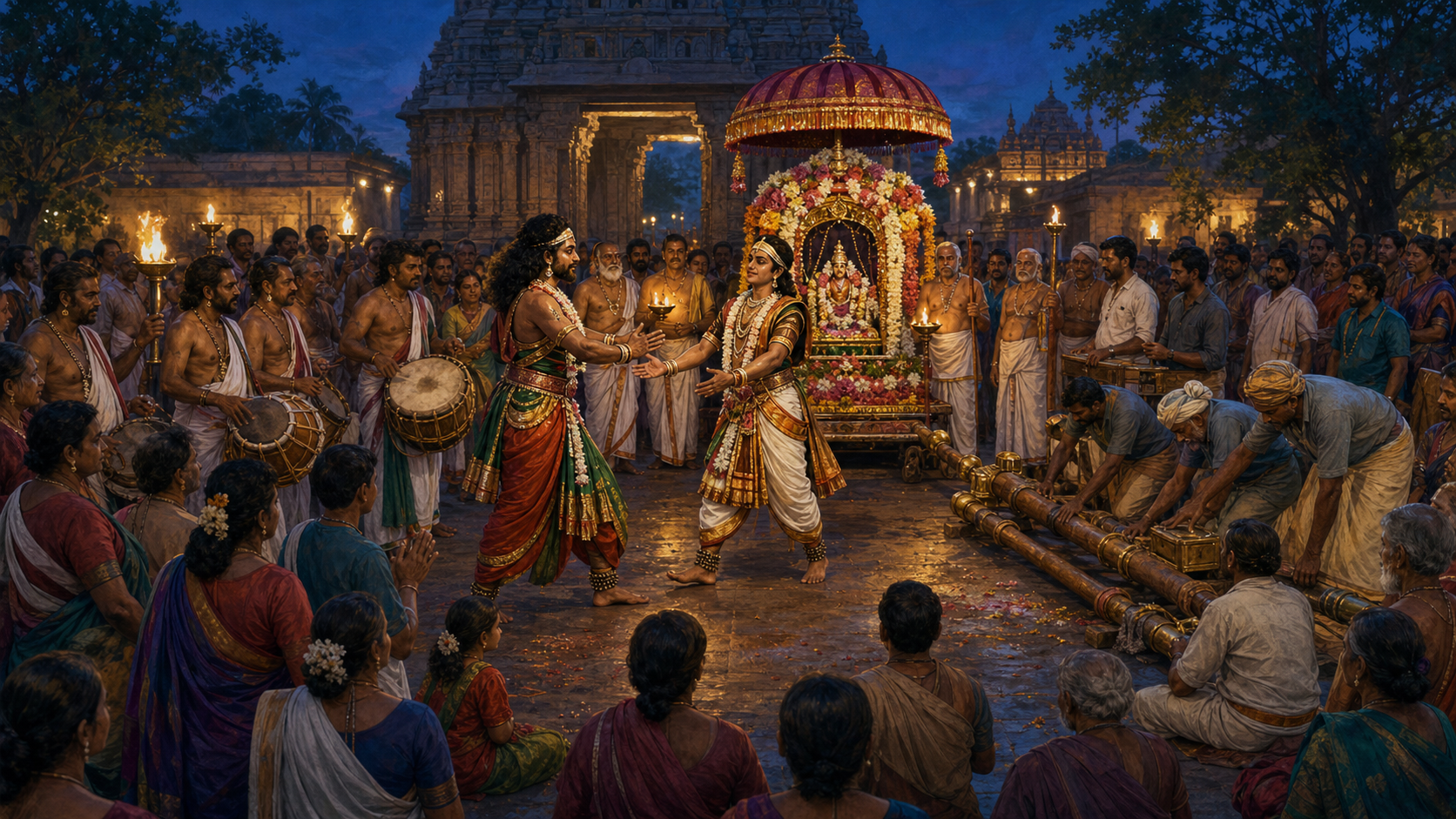 Costumed performers enact a reconciliation before a gathered community, with drummers, priests, craft workers, and a flower-covered festival palanquin in a temple forecourt.