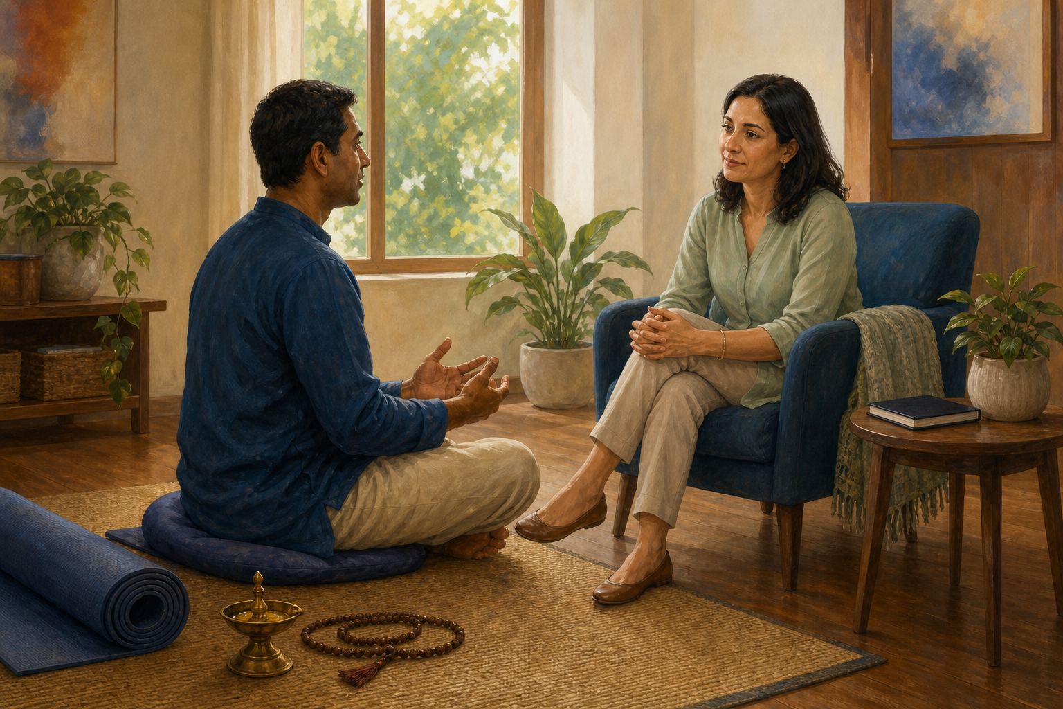 An adult speaks with a mental health clinician in a quiet room where a yoga mat, meditation cushion, mala beads, and brass lamp sit nearby.