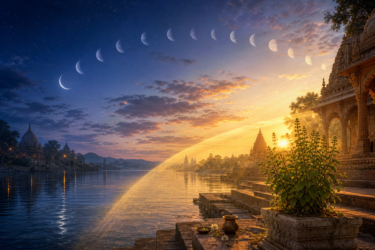 A riverside temple landscape shifts from moonlit predawn to sunrise while a translucent lunar arc and advancing sunlight overlap above the horizon.