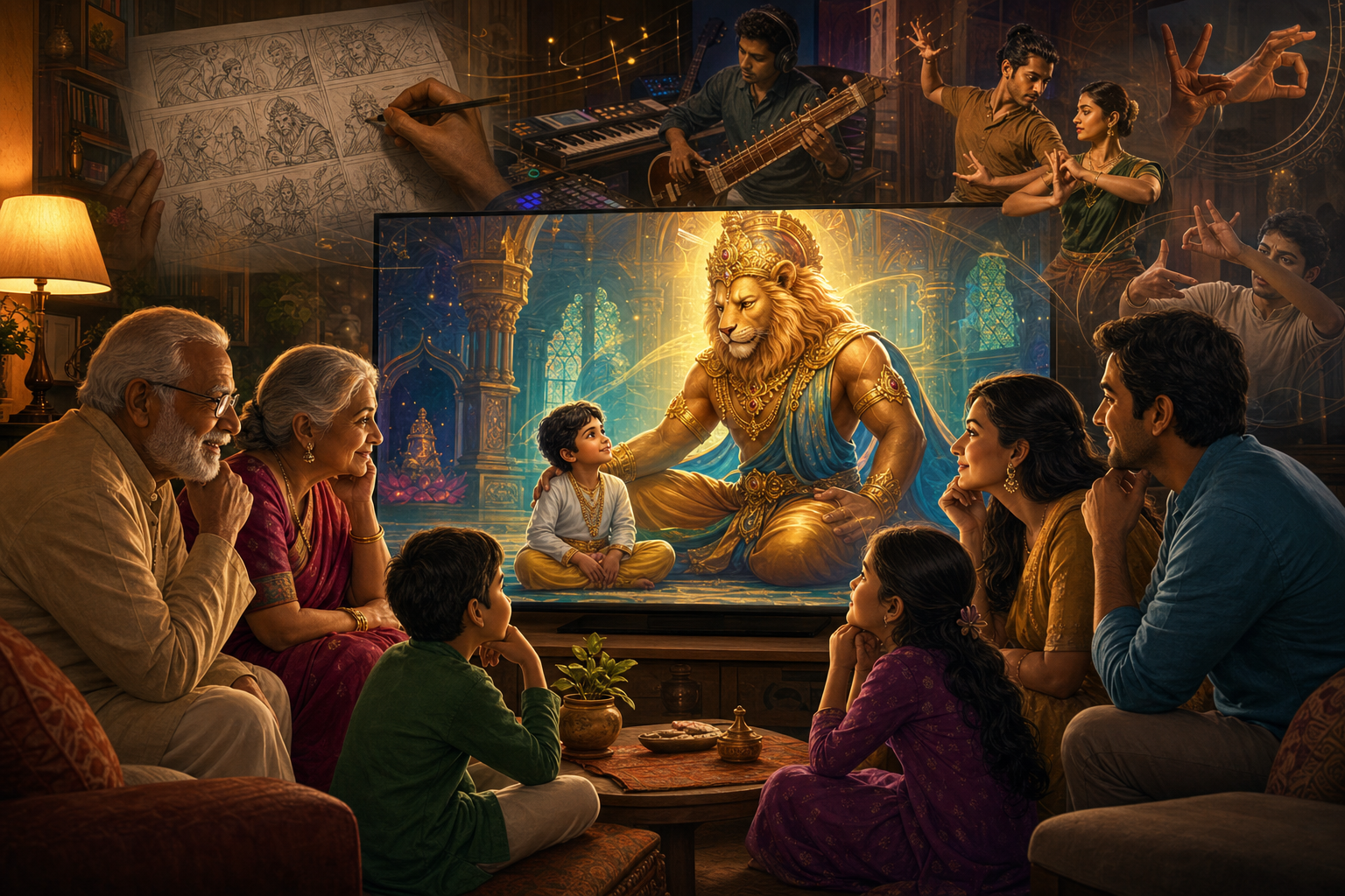 A multigenerational family watches an animated lion-headed protector while artistic layers suggest storyboarding, music, and performance.