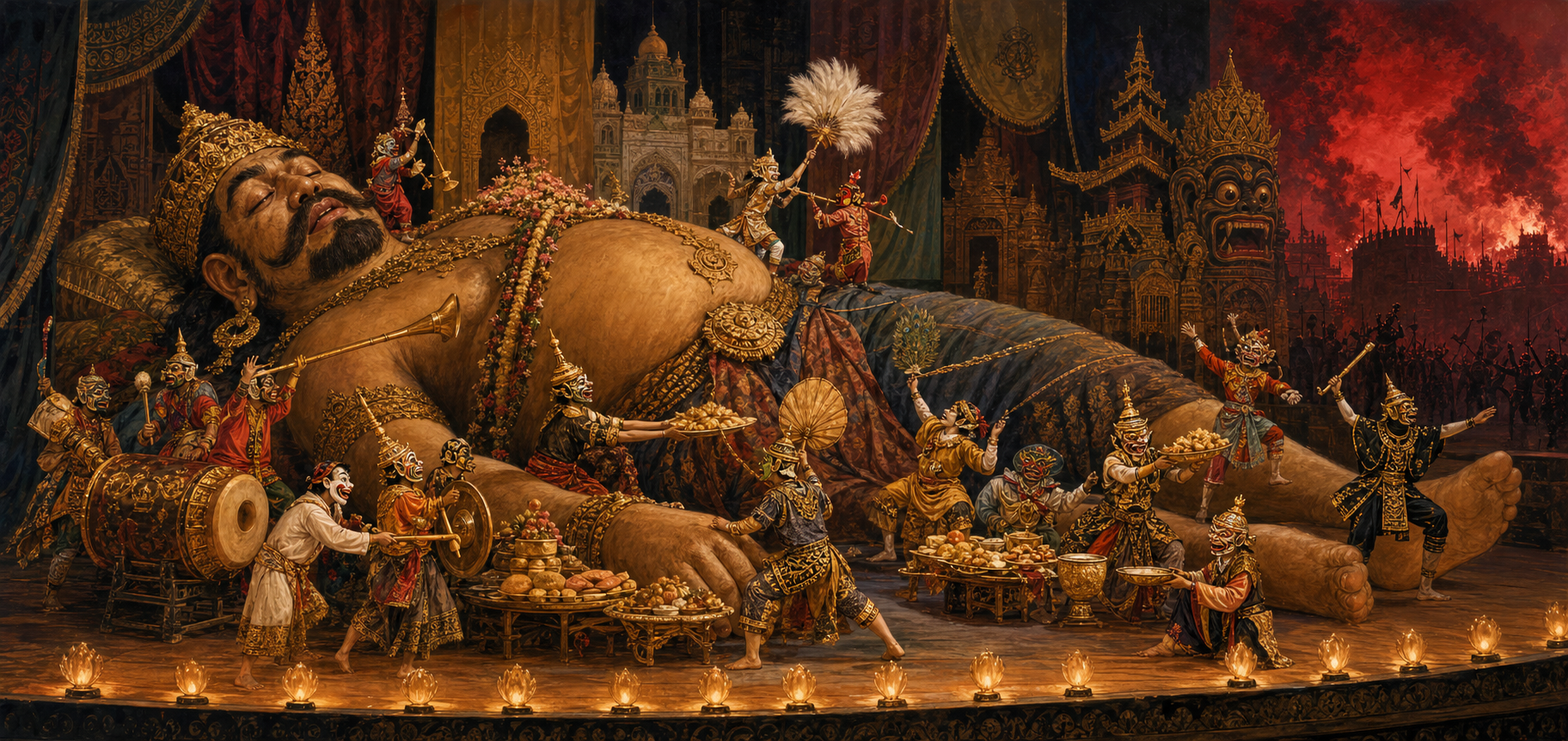 Costumed performers beat drums, sound gongs and carry food around a giant sleeping Kumbhakarna on a palace stage as red battle light glows in the distance.