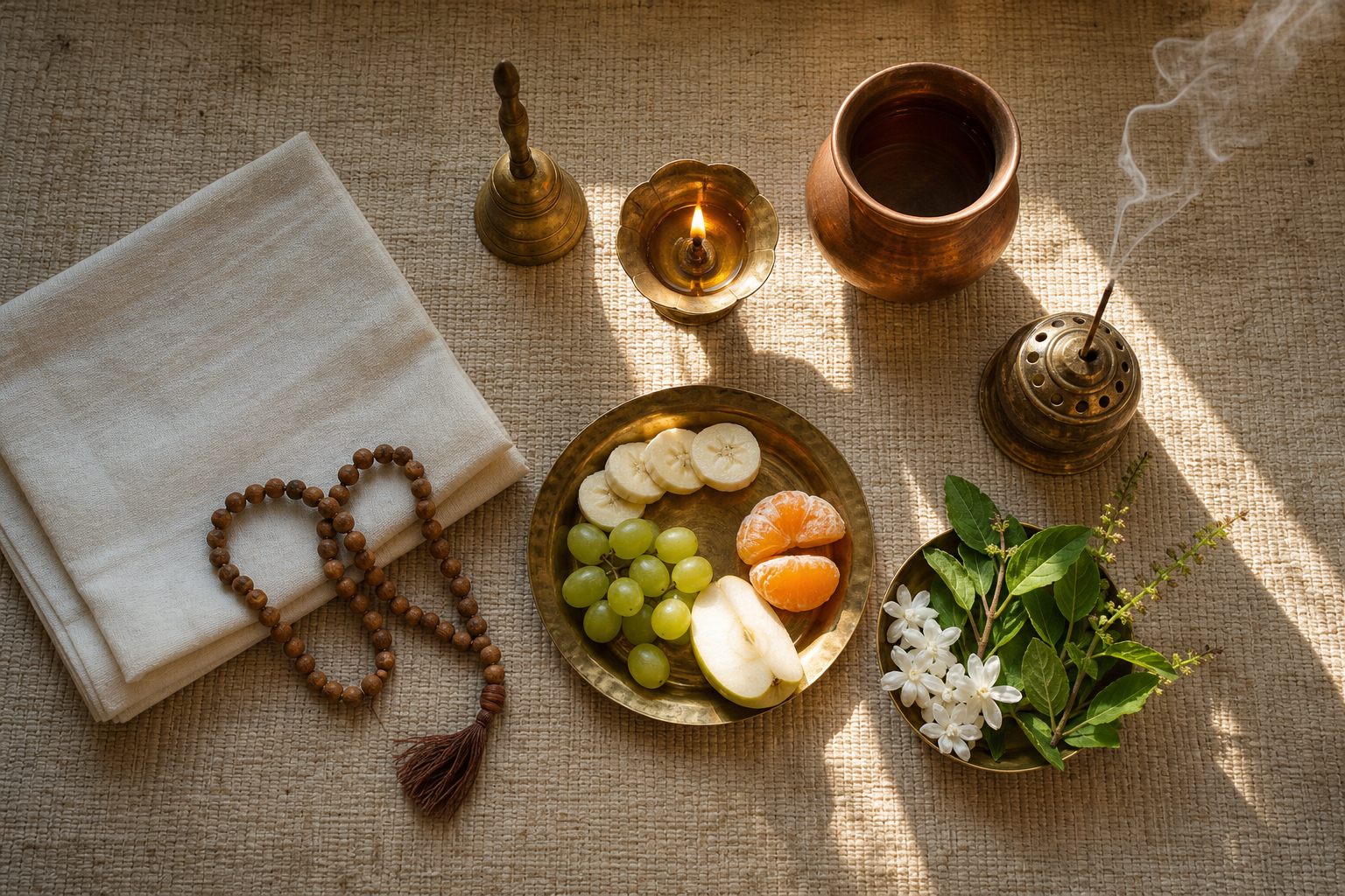 An overhead view of a diya, prayer beads, tulsi leaves, flowers, copper water vessel, bell, folded cloth, and fruit arranged for worship.