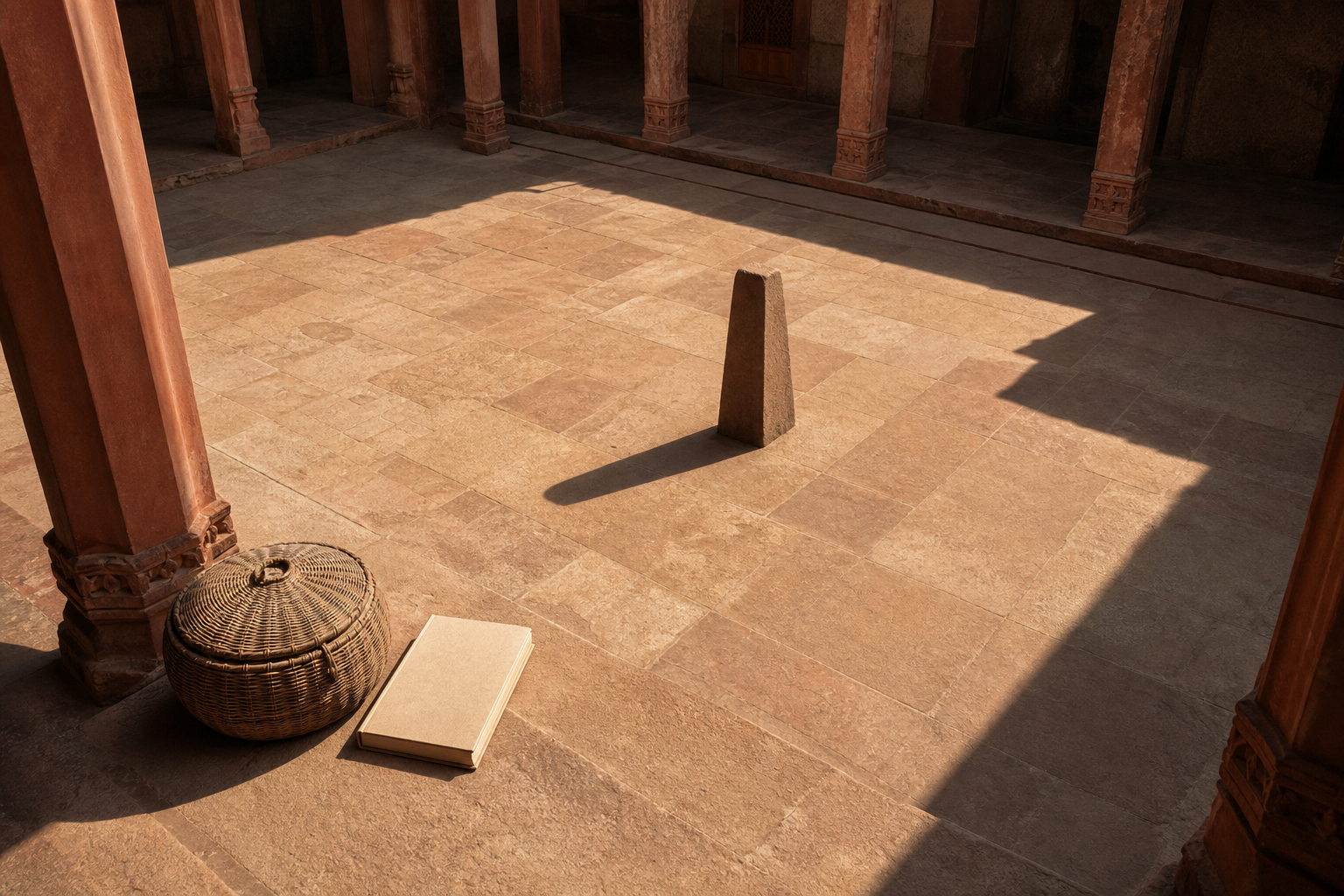 Sunlight and pillar shadows divide a sandstone courtyard around an unmarked stone gnomon, with a prayer basket and closed blank ledger nearby.