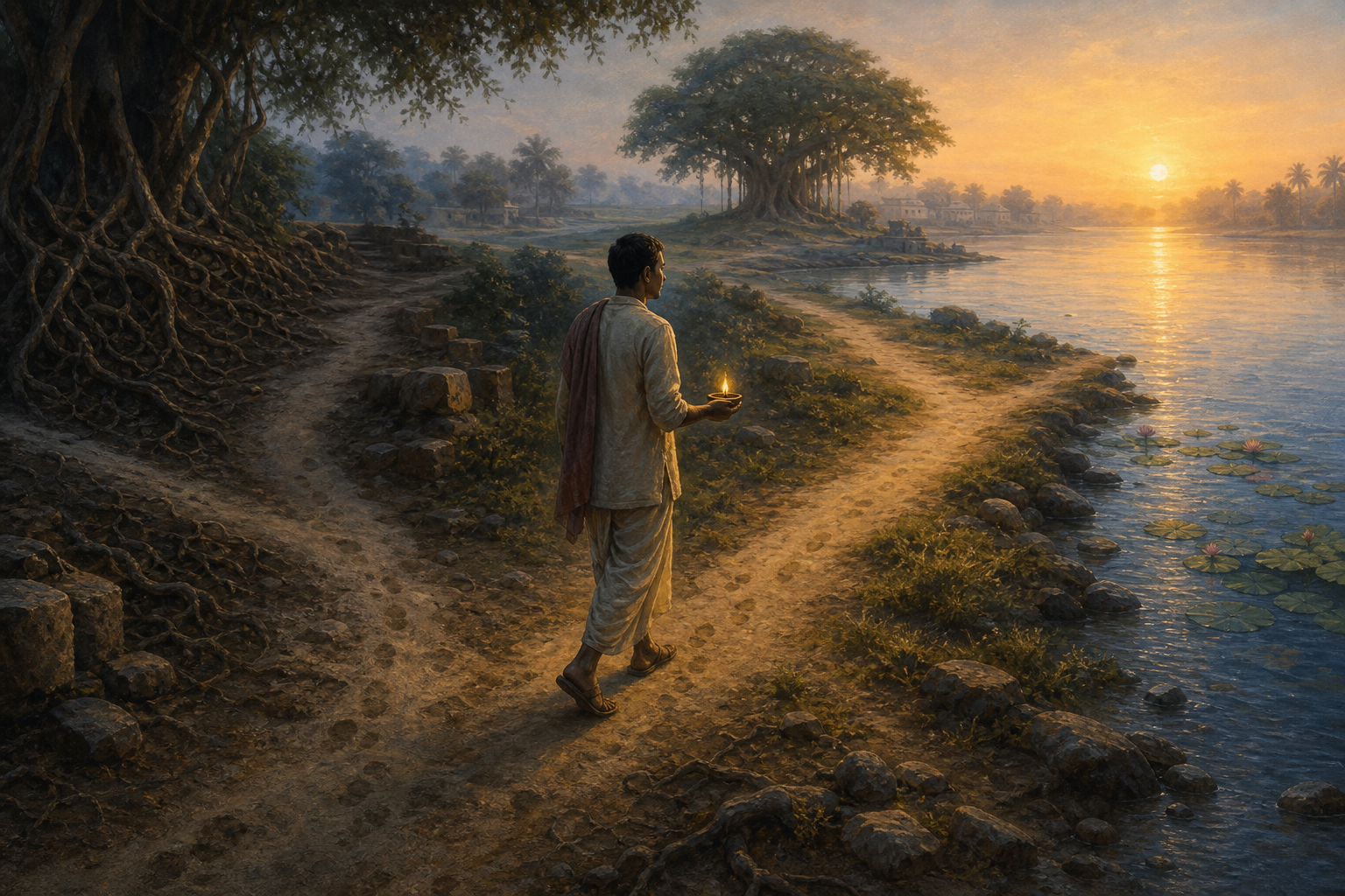 A person carrying a clay lamp takes a deliberate step along a riverside path at dawn, with tangled roots and fading footprints behind them and open light ahead.