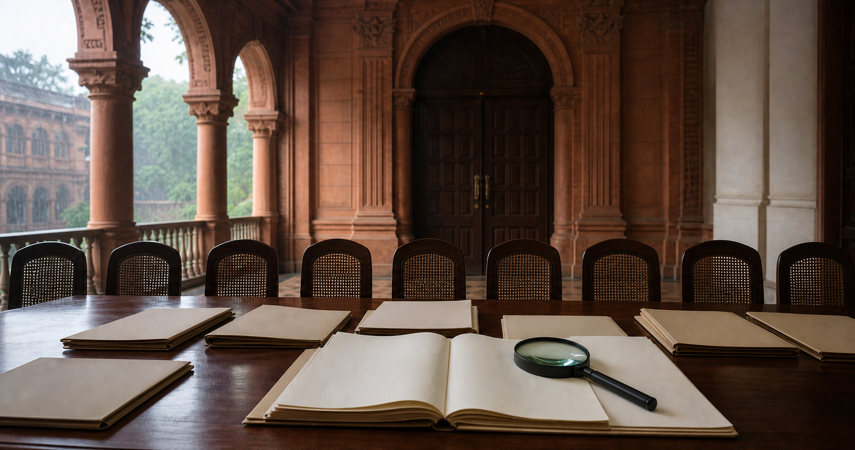 A magnifying glass rests over unmarked draft pages on a review desk while the doors of a legislative chamber remain closed in the background.