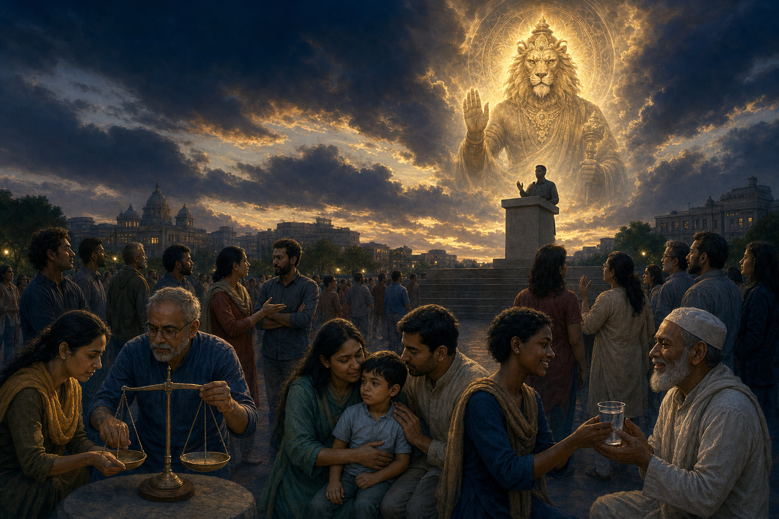 Citizens gather beneath a lion-headed guardian image while restoring a scale, sheltering a child, sharing water, and questioning a public speaker.