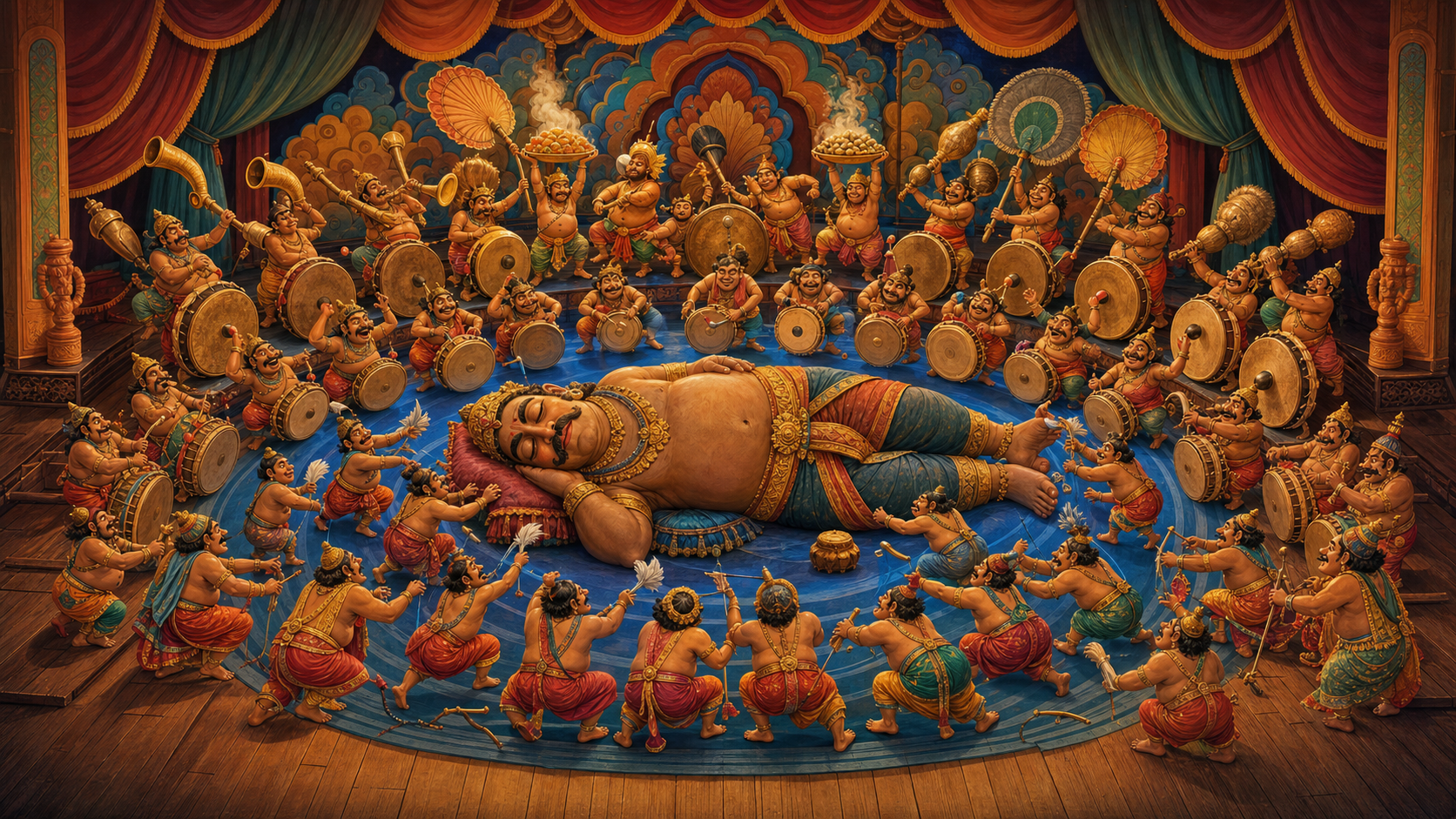 Performers beat drums, pull a rope and wave a fan around a huge sleeping Kumbhakarna during a comic stage awakening.