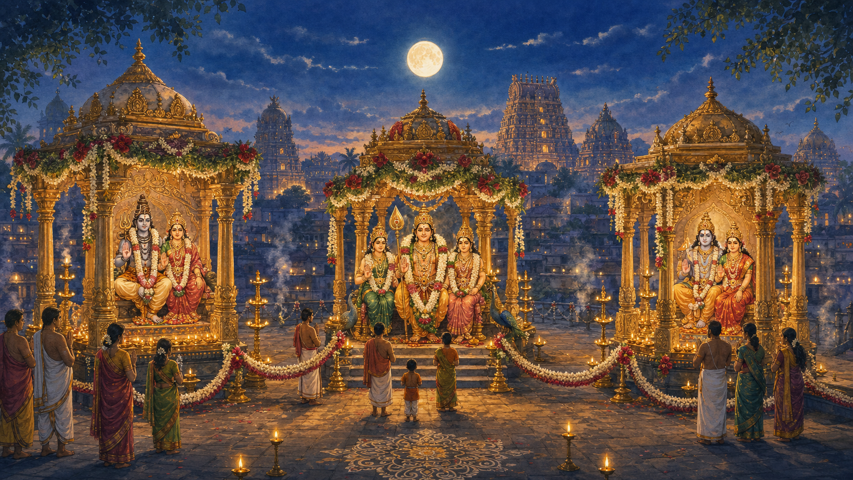 Three separate temple mandapams hold Shaiva, Murugan, and Vaishnava divine-marriage observances beneath a full moon, with flower garlands, lamps, and praying devotees.