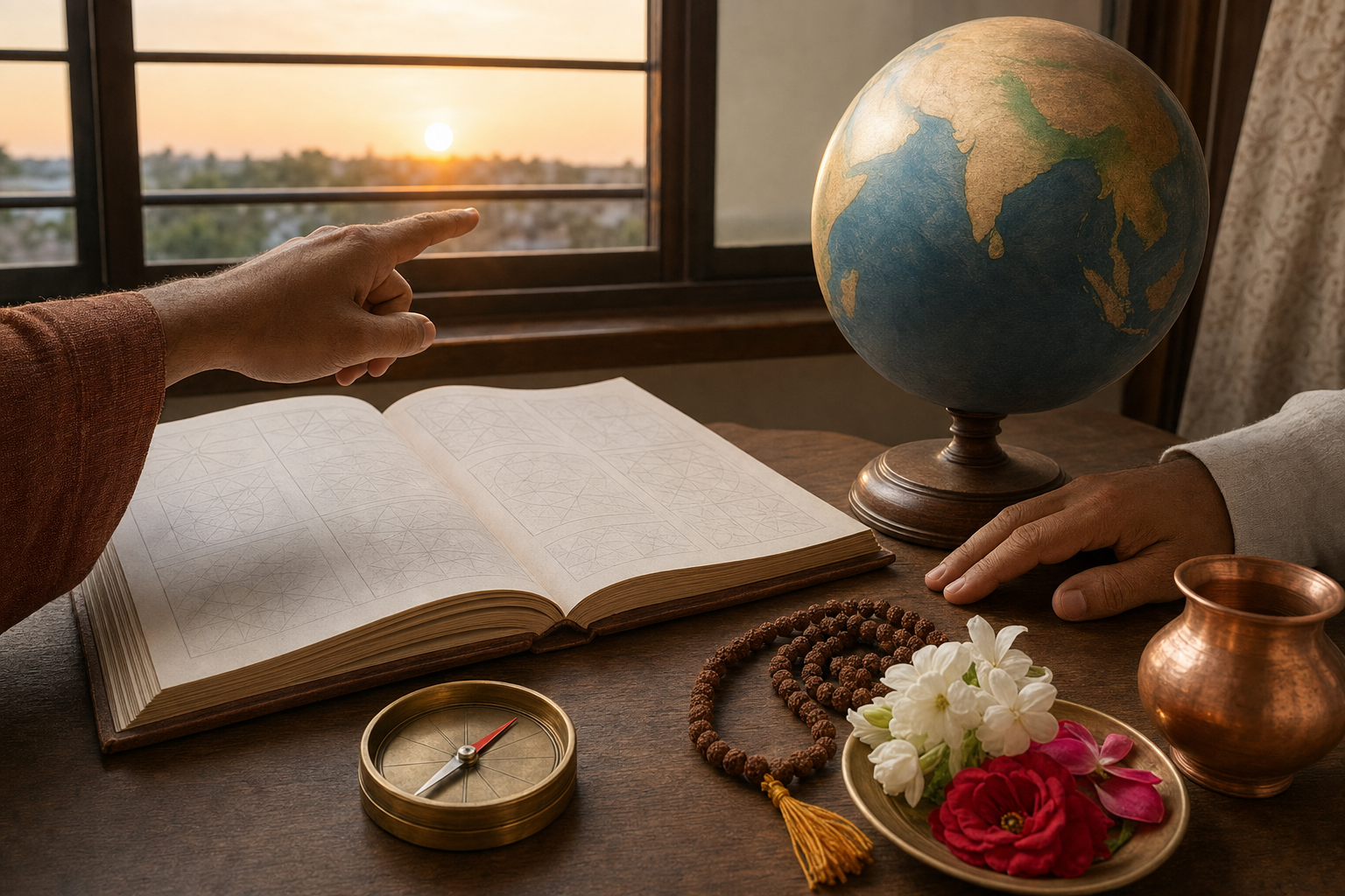 Two people consult an unmarked almanac, compass, and globe beside prayer beads, a copper vessel, and flowers near a sunlit window.