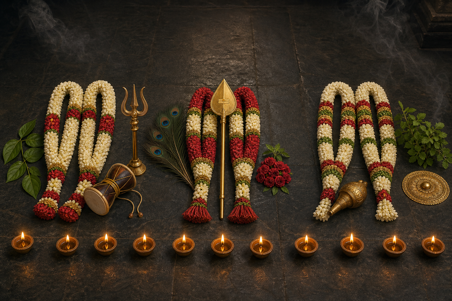 Three separate temple vignettes depict Murugan with Deivayanai, Ranganatha with Ranganayaki, and the wedding of Shiva and Parvati.