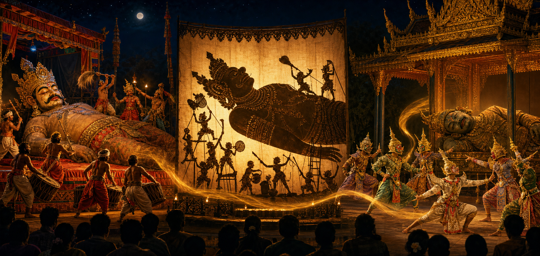 Three adjacent performance scenes portray Kumbhakarna's awakening through open-air acting, masked dance and Indonesian shadow puppetry.