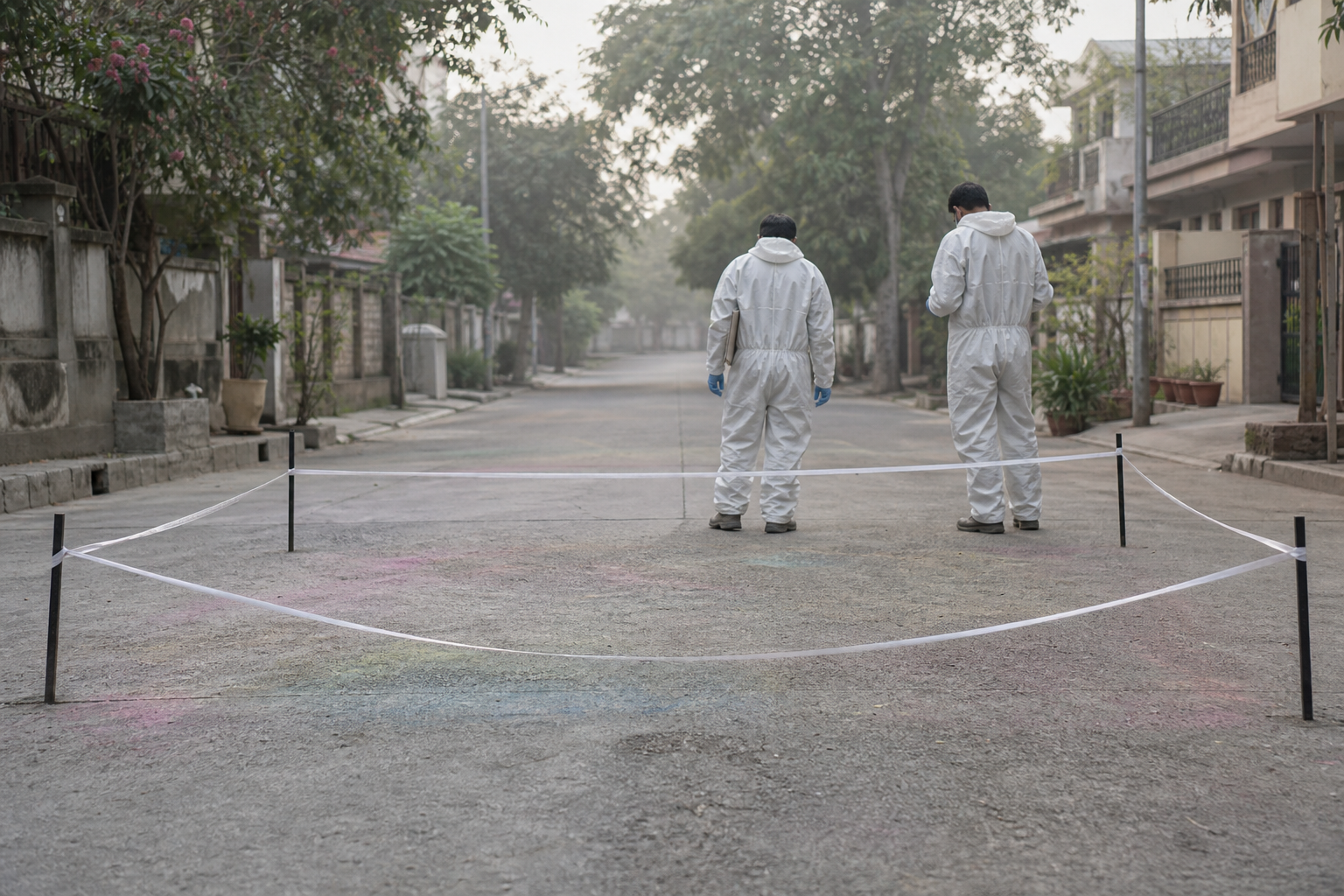 Forensic investigators examine a cordoned residential lane with faint Holi powder remaining on the pavement.