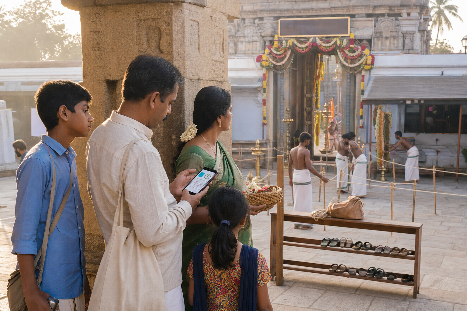 A four-part temple scene shows a priest making the ritual intention, attendants presenting garlands, a ceremonial knot and marriage thread, and the final lamp blessing and distribution of prasada.