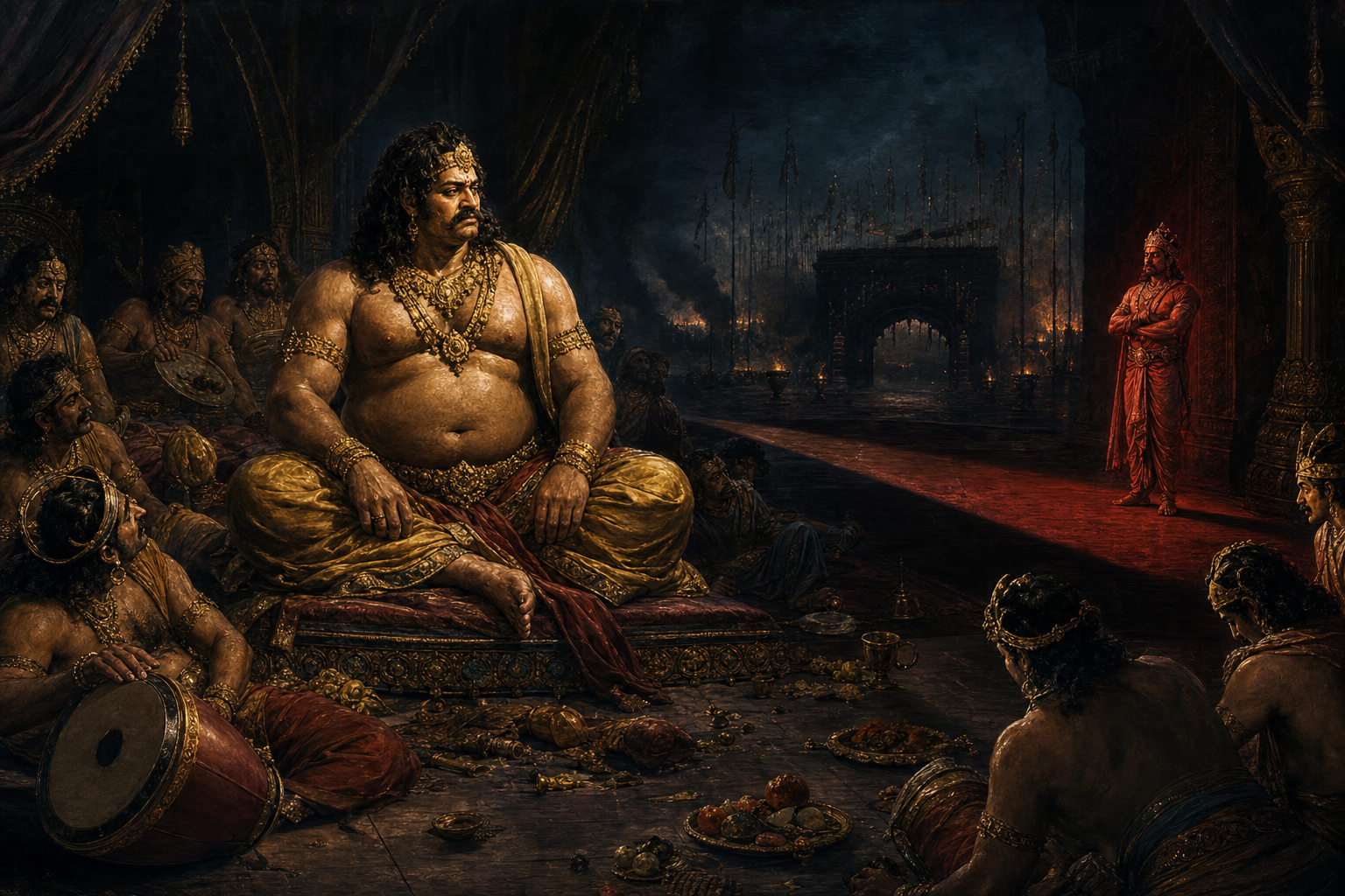 An awakened Kumbhakarna sits gravely opposite his crowned brother as silent attendants and discarded comic props remain around them onstage.