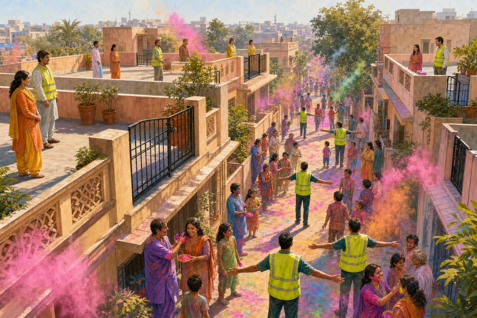 A supervised Holi celebration in a residential lane, with volunteers keeping a central passage clear and stewards securing the overlooking rooftops.