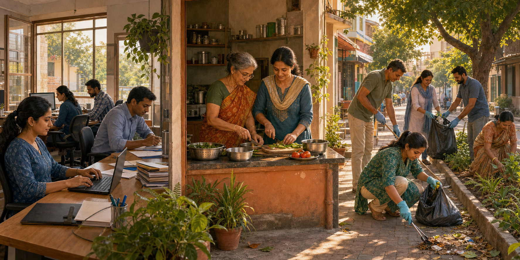 People work with colleagues, help an older relative prepare food, and care for a shared neighborhood walkway.
