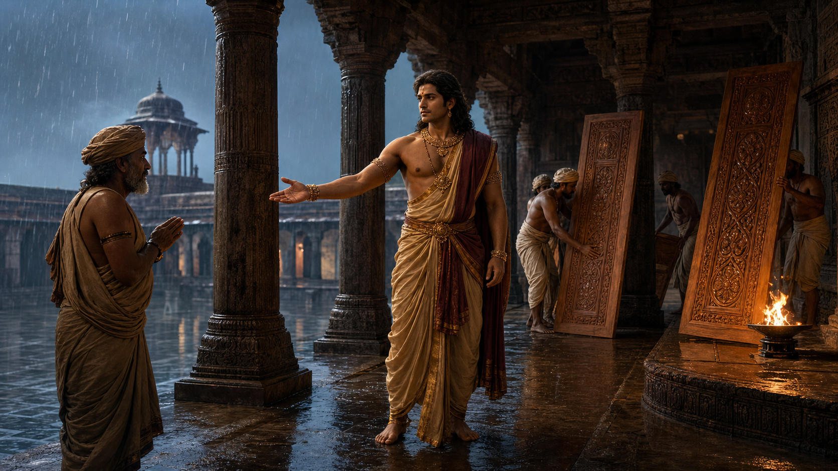 Karna offers carved sandalwood panels from his palace to a seeker while monsoon rain falls in the courtyard.