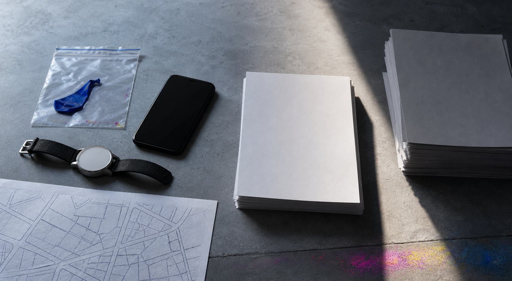 Evidence objects and two separate stacks of blank papers sit on a table, divided by light and shadow, with traces of Holi color nearby.