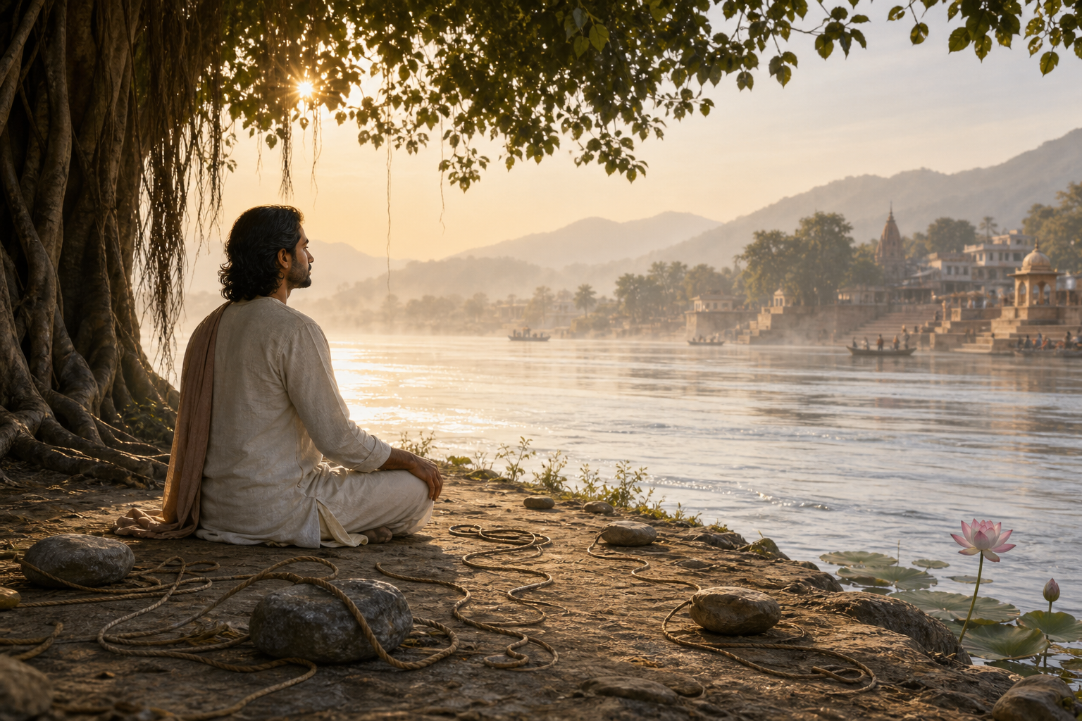A seated figure rests beneath a banyan tree beside untied cords, river stones, and an opening lotus at dawn.