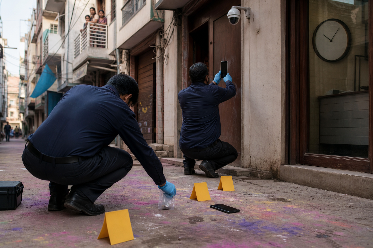 Gloved investigators document and collect objects in a Delhi lane beneath an exterior security camera, with Holi powder still visible on the pavement.