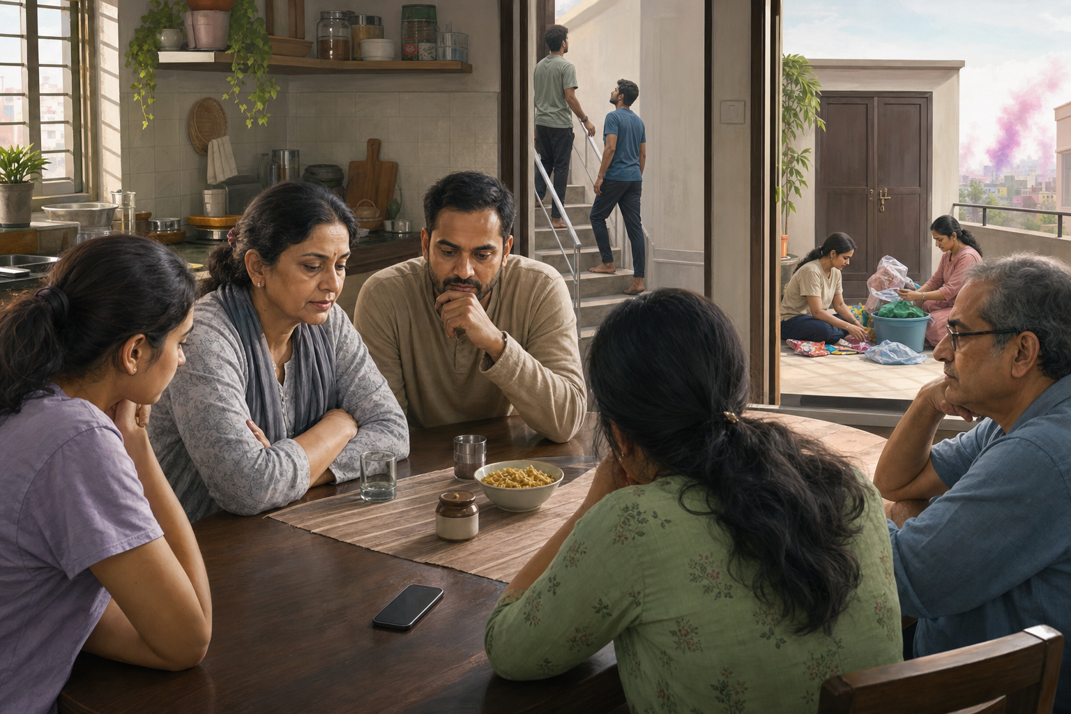 A multigenerational family leaves a smartphone face down while residents inspect the stairs and secure supplies near a rooftop entrance.