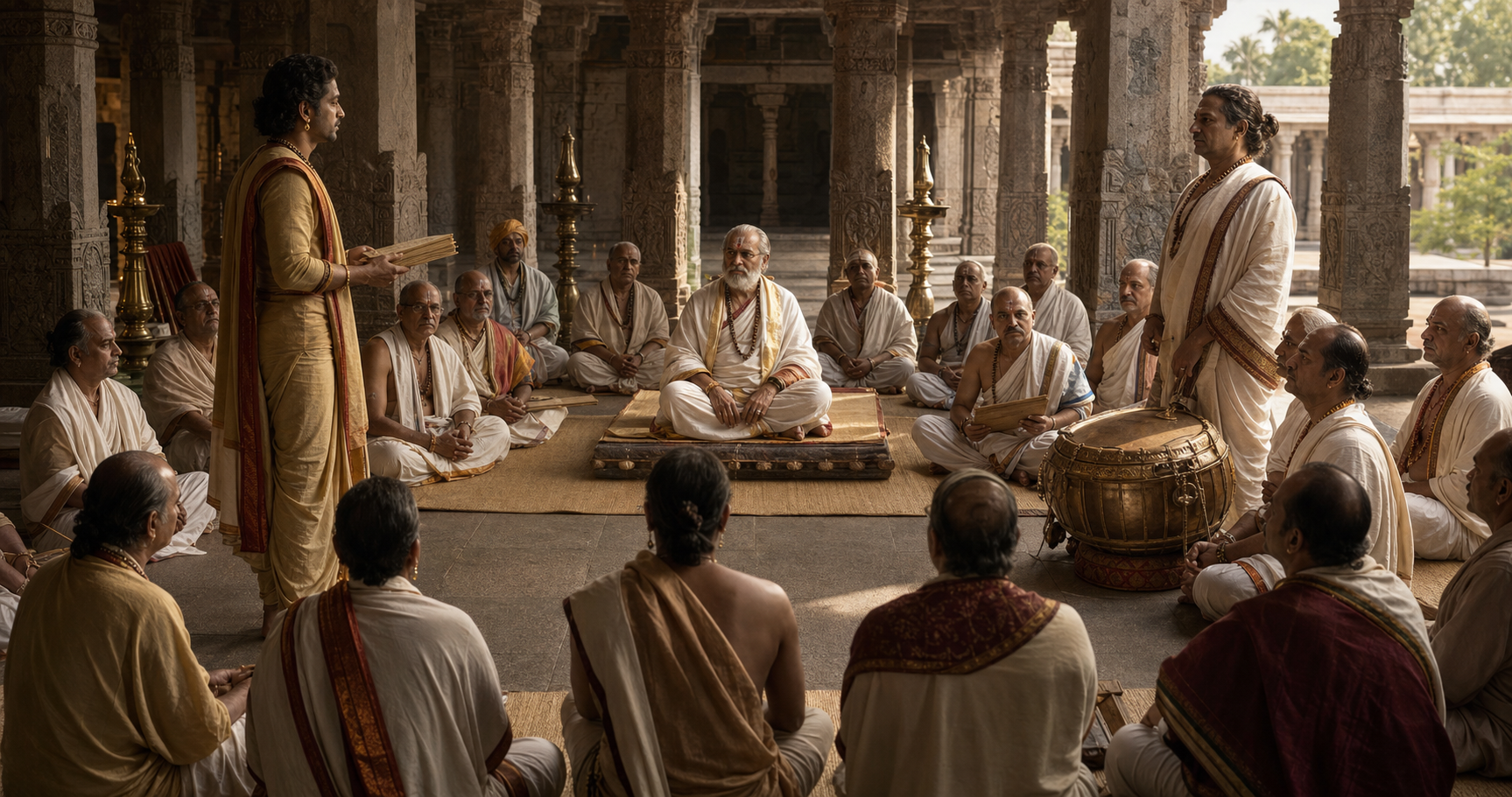 Two court poets stand before a semicircle of scholars judging a literary dispute in a granite-pillared Vijayanagara assembly hall, with a bronze drum beside them.