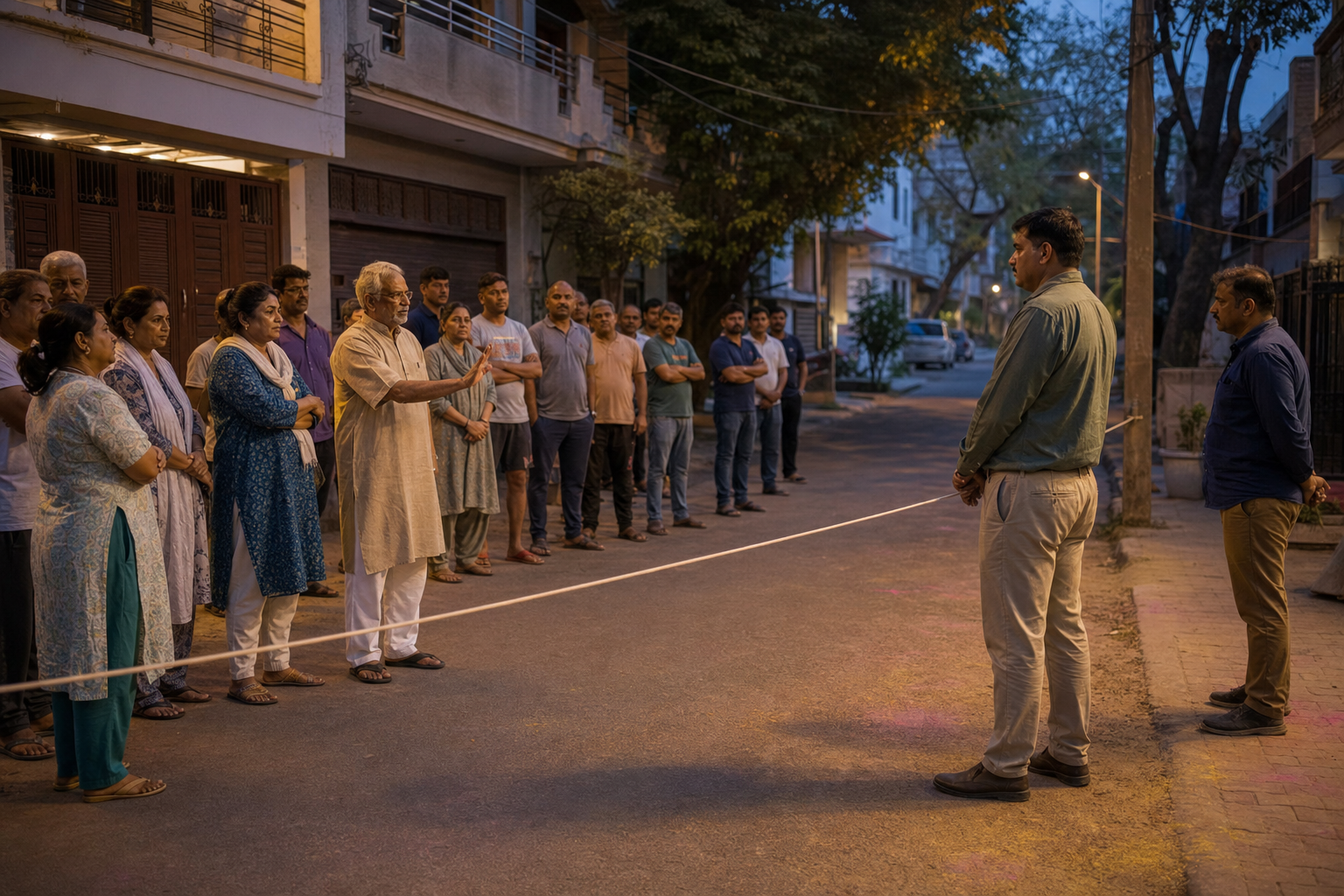 Residents wait calmly behind an unmarked boundary while officials preserve part of a Delhi lane at dusk, with traces of Holi powder on the ground.
