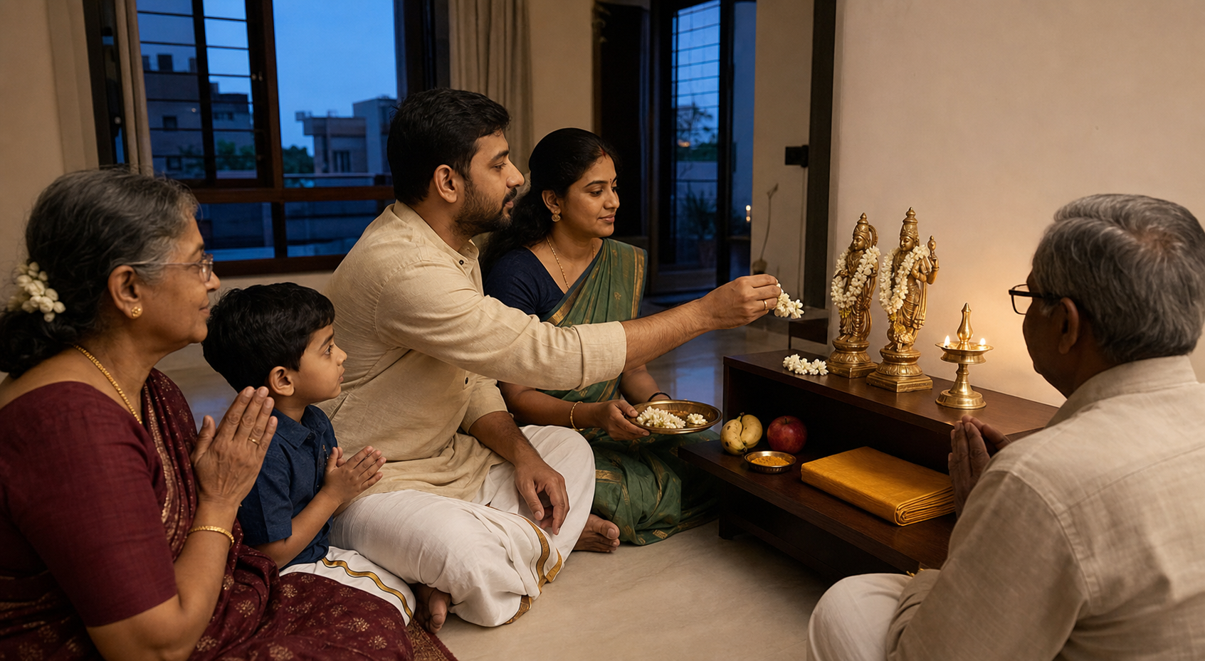 A family performs a simple home observance before a small altar with paired devotional icons, one lamp, flowers, water, fruit, and a folded cloth.
