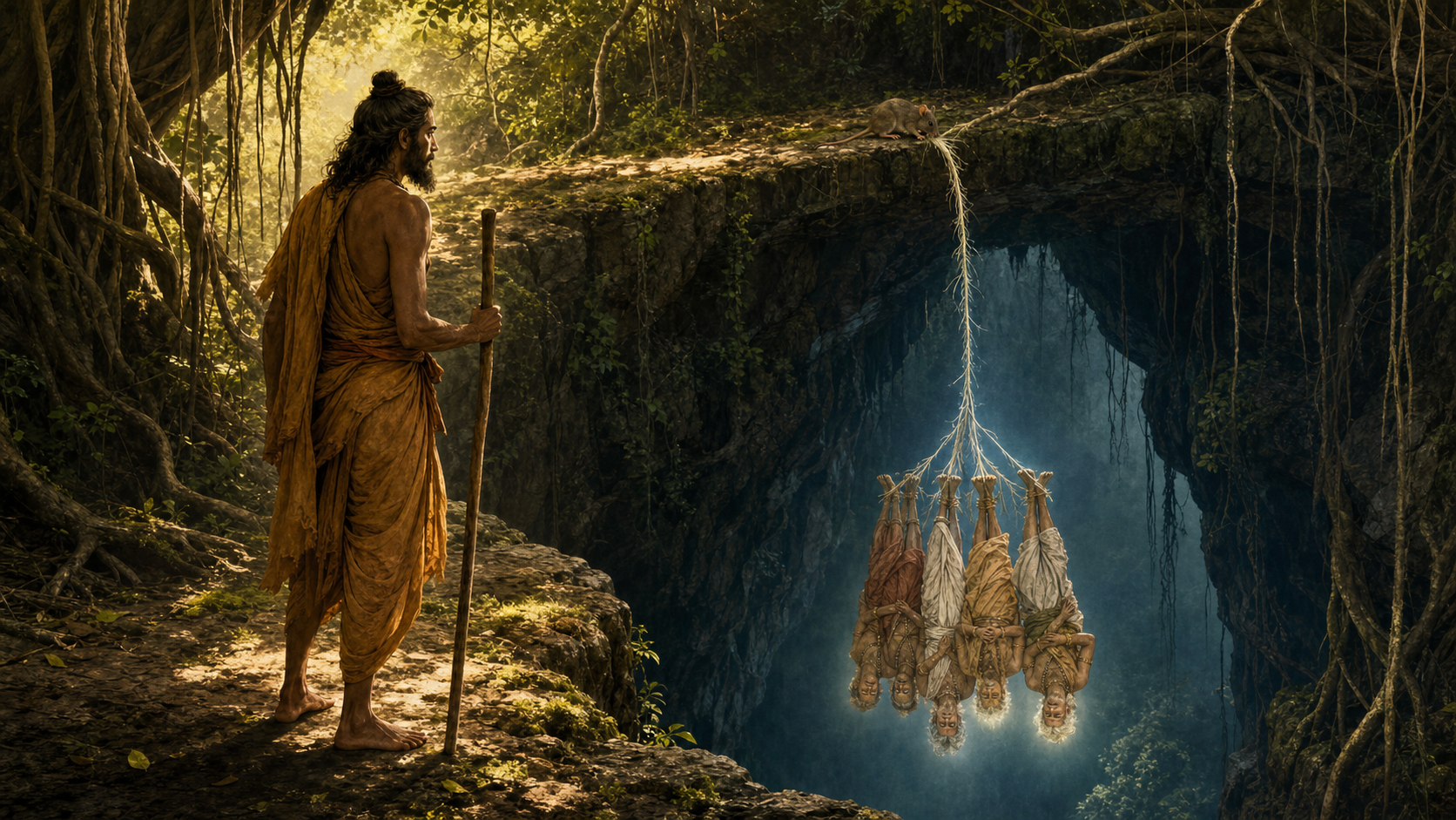 The ascetic Jaratkaru looks into a forest chasm where his ancestors hang upside down from a fragile grass root being gnawed by a mouse.