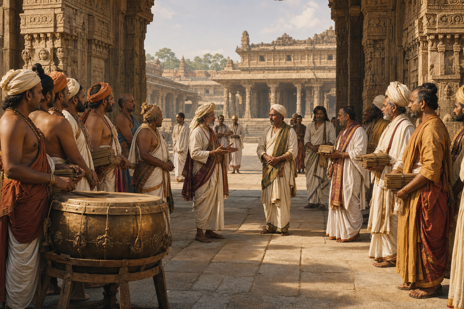Two groups of poets, scholars, and attendants negotiate in a stone courtyard outside a Vijayanagara assembly hall, with palm-leaf bundles and a bronze drum visible.