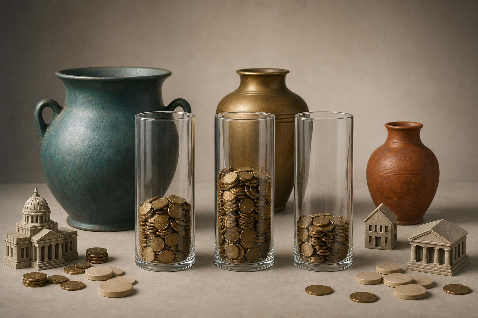 Three differently sized vessels pour coins and plain tokens into identical unmarked measuring cylinders for comparison.