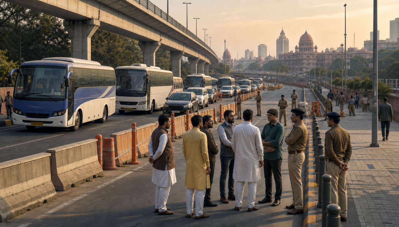 Vehicles and peaceful march participants wait while police manage traffic at an urban jurisdictional checkpoint.