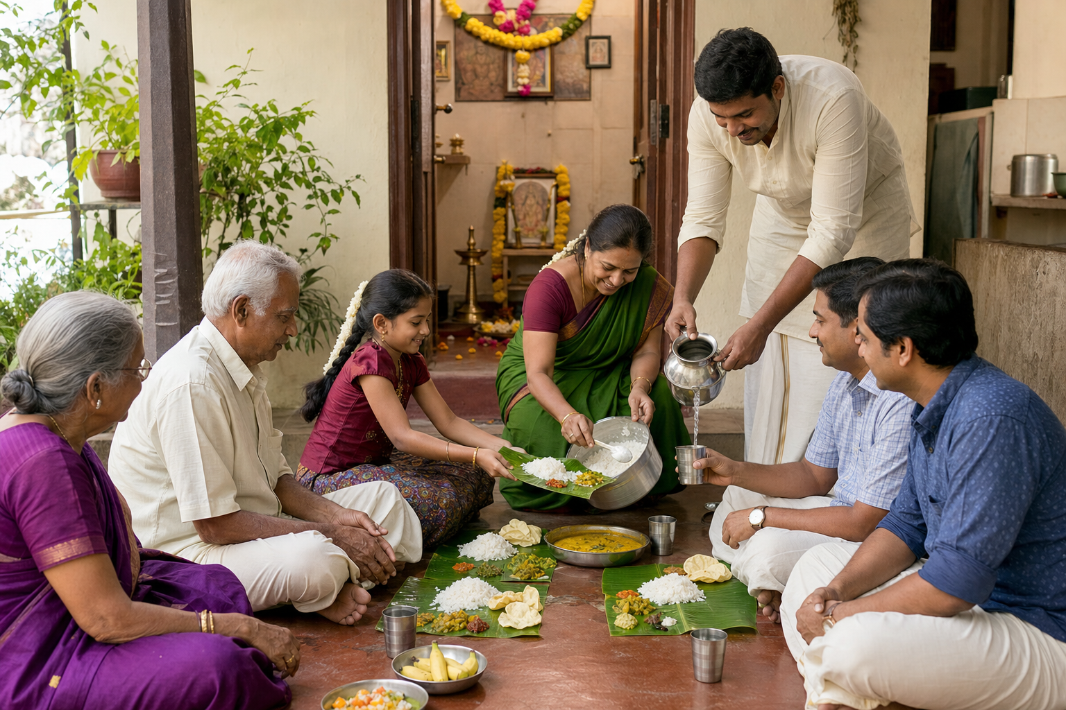 Family members serve a banana-leaf meal to elders, children, and neighbors while a small flower-decorated altar remains visible in the adjoining room.
