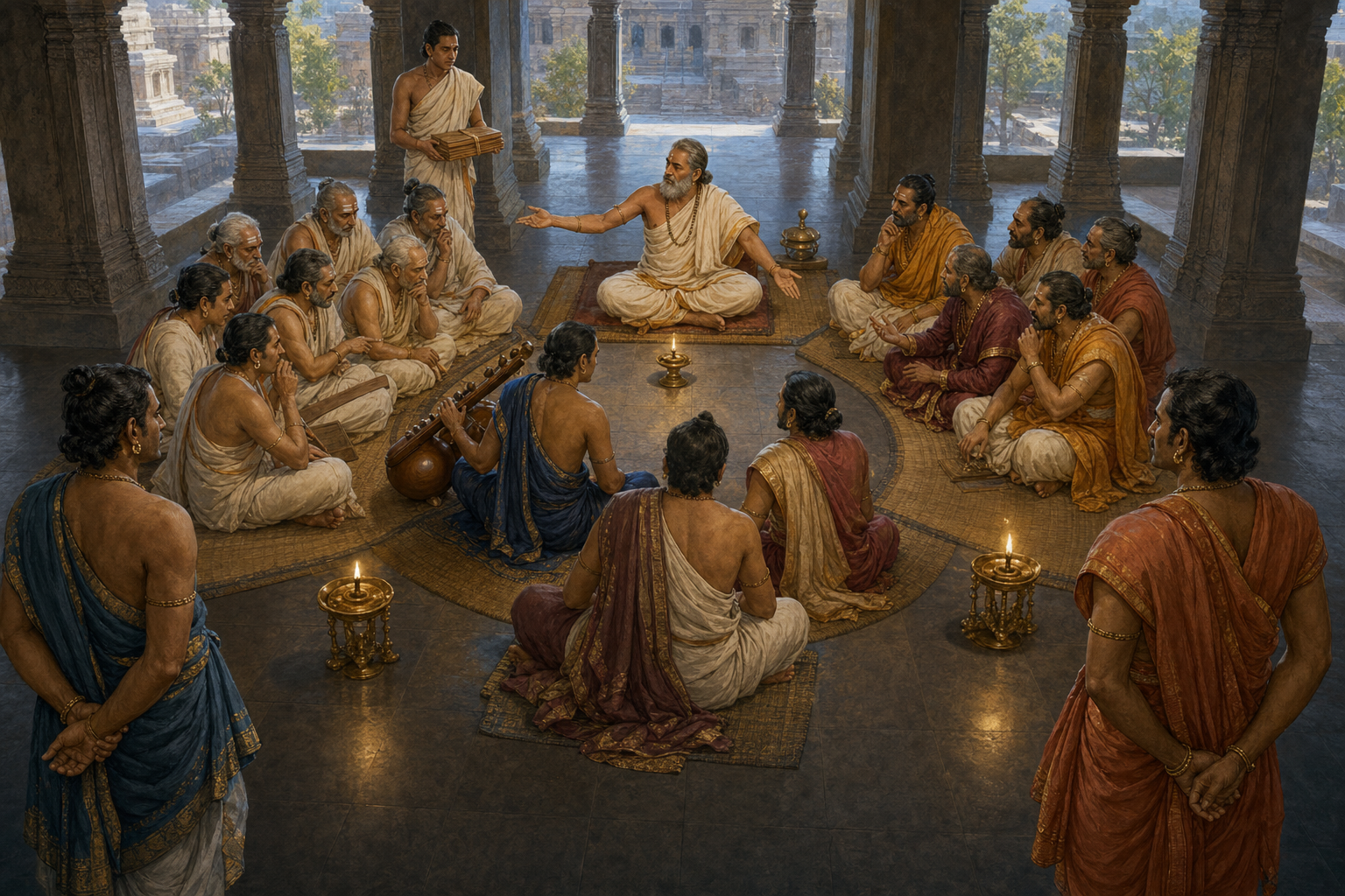 A presiding scholar directs a Vijayanagara court discussion among separate groups of grammarians, literary critics, and poets while the two rivals wait nearby.