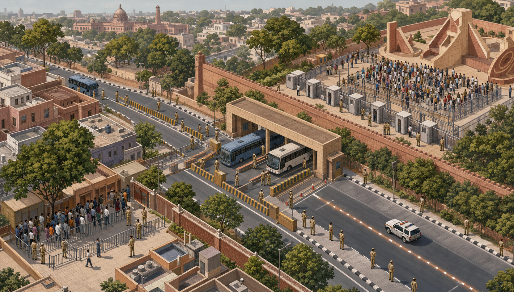 An isometric city scene shows a procession route passing through an origin gathering area, a border checkpoint and a controlled civic assembly zone.