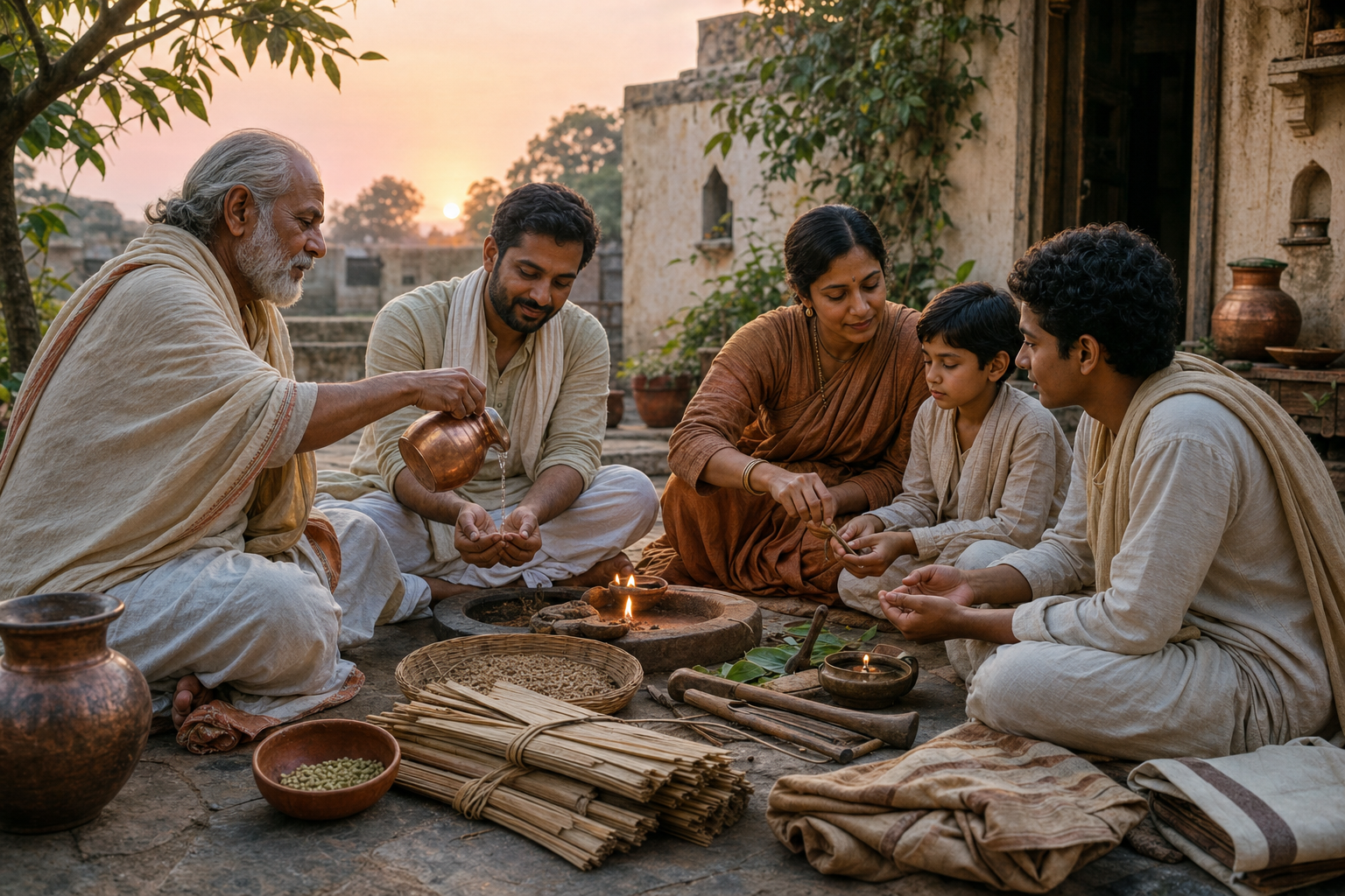 An elder pours water into a younger adult's hands as several generations and a student gather around a small ritual flame with books, seeds, and tools.