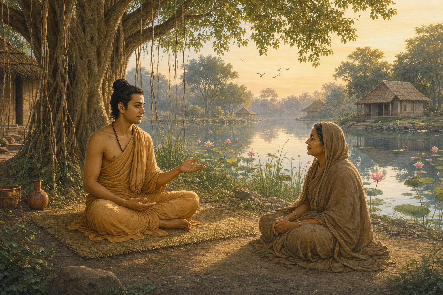 Kapila teaches the seated Devahuti beneath a banyan tree beside a lotus lake and forest hermitage at dawn.