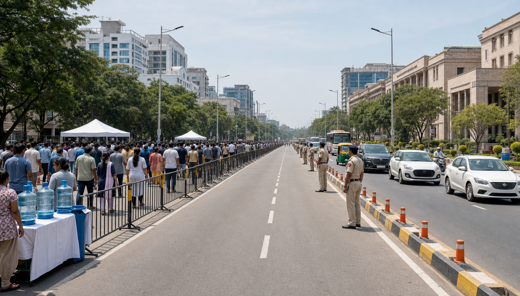 A small peaceful gathering occupies a bounded part of an avenue while traffic and an emergency lane remain open under light police supervision.